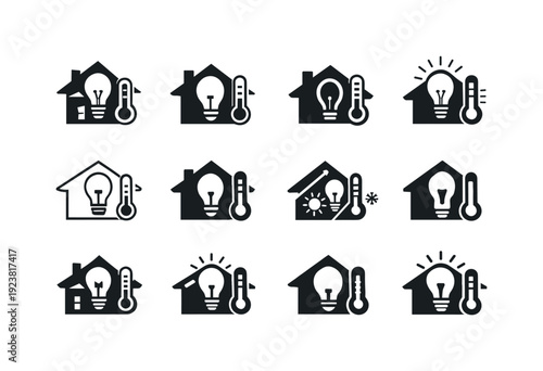 Smart home icons showing temperature and light control for comfort and energy saving