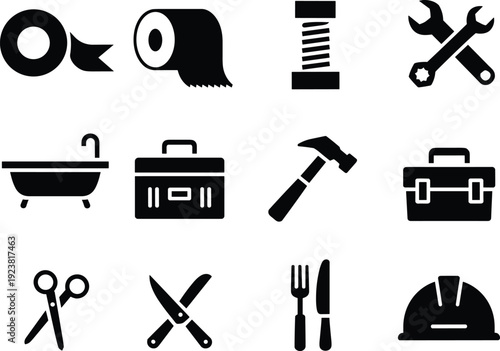 Set of black silhouette hardware icons including hammer wrench toolbox scissors hard hat and bathroom fixtures isolated on white background for industrial design