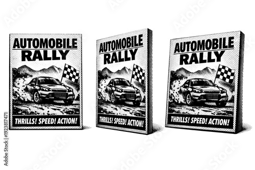Automobile rally poster. A realistic automobile rally poster shown as a single object from three different angles: front view, side view, and