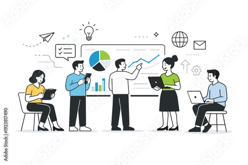 Modern corporate workflow illustration. Employees interacting with digital devices, dashboards, and abstract office elements, representing