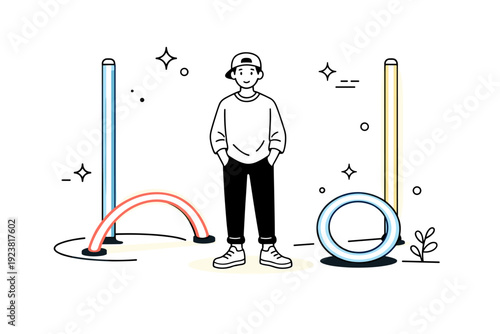 Creative studio lights. A person standing in a simple studio setting, surrounded by softly glowing light tubes inspired by neon aesthetics.