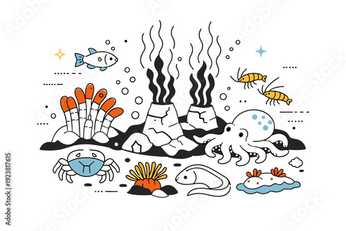 Life near hydrothermal vents. An editorial-style underwater scene showing unusual aquatic creatures around warm vents, with gentle bubbles