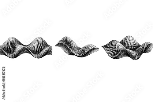 Abstract dot wave texture with continuous flowing amplitude shown from front view, side view, and three-quarter perspective as a single