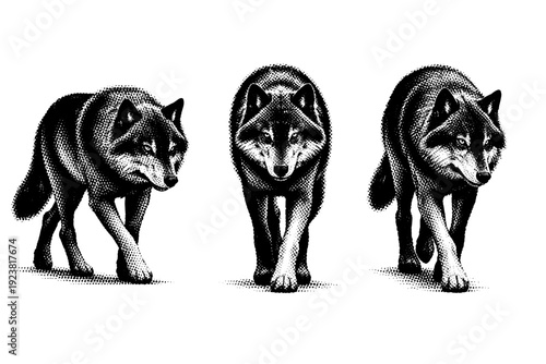 Wolf silhouette a wolf walking forward with head slightly lowered shown in profile view frontal view and angled view emphasizing stride and