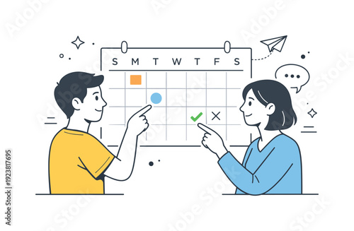 Two people planning and scheduling tasks on a calendar grid with checkmarks and crosses
