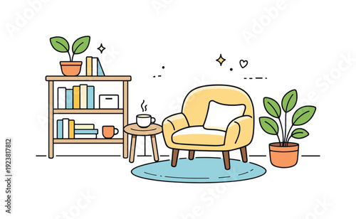 Cozy minimalist living room with armchair, bookshelf, and plants in a charming illustration style