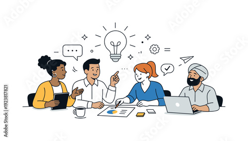 Diverse team collaborating on a project with a bright idea lightbulb above them