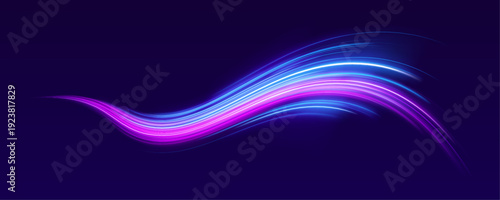 Blue and violet neon streaks curve across a high-speed city street. Flowing trails highlight motion, acceleration, and futuristic design.