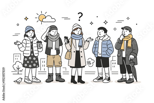 Uncertain spring outfits. Several people in a city scene wearing mixed seasonal layers, light and heavy pieces combined. Collective
