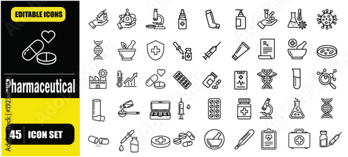 Pharmaceutical Outline Icons Set – Editable Stroke Linear Pharma and Medicine Icon Collection for Laboratory, Drug Research, Healthcare and Pharmacy Vector Illustration