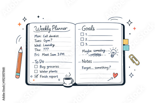 Hand-drawn weekly planner with to-do list, goals, and notes sections, plus a coffee cup