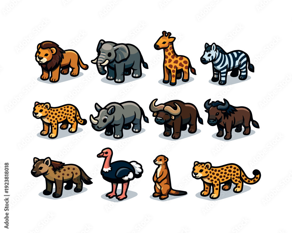 Obraz premium Collection of cute cartoon African safari animals in a row, isolated on white background