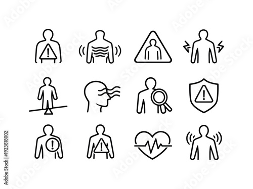 Collection of medical and health warning icons representing human body conditions and alerts