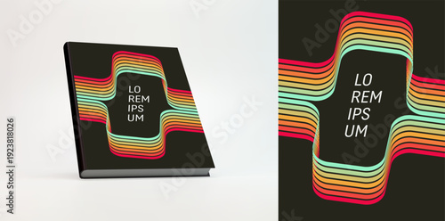 Frame. Space for text. Geometric art. Retro background from the 60s, 70s, or 80s. A pattern of colorful stripes cut in the middle. Abstract, dynamic ribbons. Vector for card, invitation, coupon, etc.