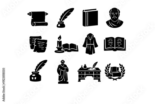 Historical Scholars. Solid icon set of historical scholars: ancient scroll, feather quill, classic book, philosopher bust, parchment notes,
