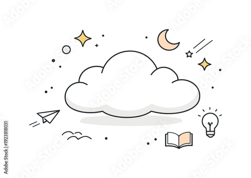 Whimsical cloud with stars, moon, paper airplane, book, and lightbulb illustration