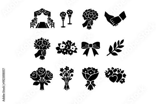 Wedding Ceremony. Solid icon set of Wedding Ceremony: ceremony bouquet, aisle flowers, bridal bouquet closeup, vow moment hands, bouquet held