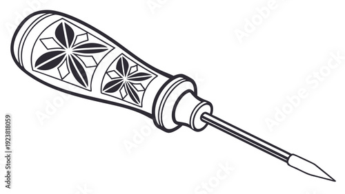 A black and white vector illustration of a decorative screwdriver with a floral handle