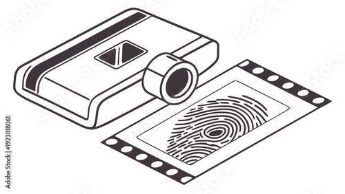 A vector graphic illustration of a fingerprint scanner and a film strip with a fingerprint on it