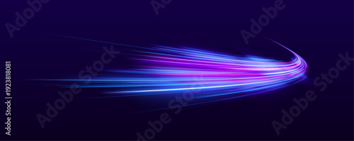 Blue and purple neon lines flow along a night city panorama. Comet-like trails highlight high-speed motion and futuristic urban energy.