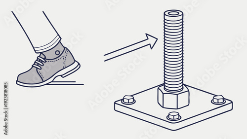 A vector graphic illustration of a foot stepping on a bolt base with an arrow pointing to a threaded bolt
