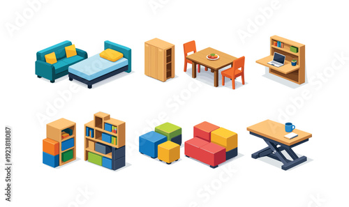 Isometric furniture collection for home and office spaces, modern design elements