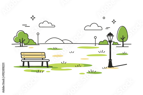 Park grass still patchy. Empty park space with mixed grass colors and long soft shadows. Calm quiet moment, landscape waiting to fully bloom.