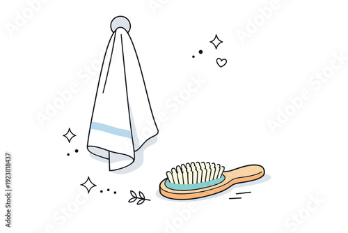 Morning Routine Peacefulness. Morning self-care routine. An editorial illustration of a towel hanging neatly while a hairbrush rests nearby, suggesting a quiet