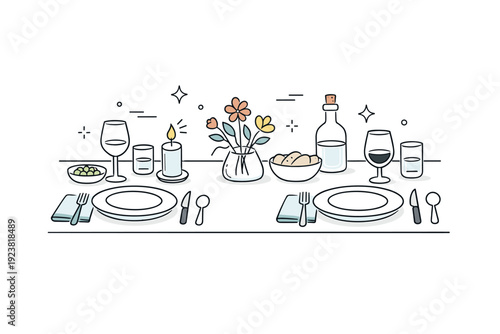 Table setting for hosting guests. A dining table with plates, glasses and simple decor, ready for a dinner party, calm preparation mood and