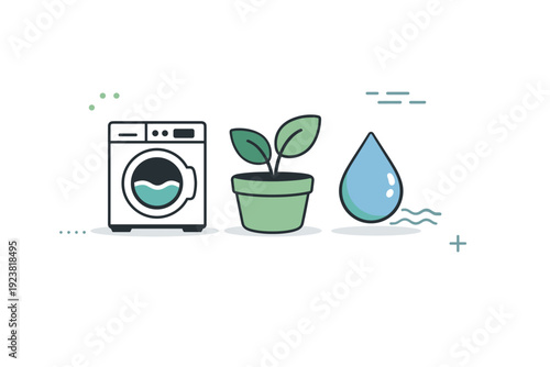 Household water impact. Washing machine, plant pot, and water droplet icons grouped together, showing domestic water footprint.