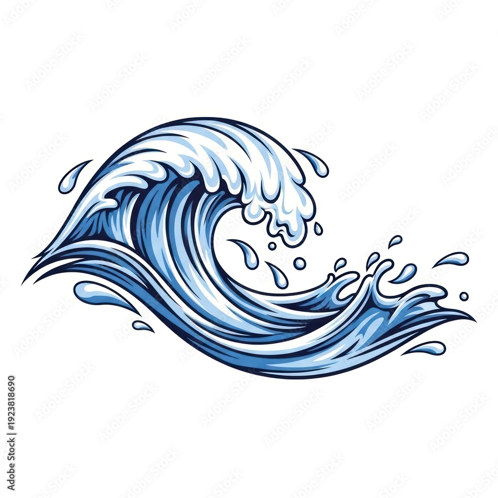Fototapeta premium Stylized illustration of a cresting ocean wave with shades of blue and white, dynamic motion
