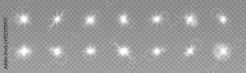 Bright white star flare isolated on transparent background. Shiny lens flash with radiant beams and glow. Vector illustration.