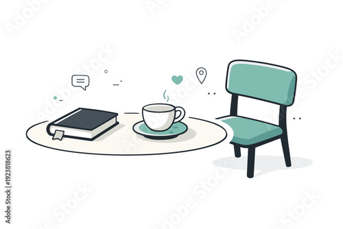 Leaving places moments. A scene shows a just-closed book, empty coffee cup, and a moved chair slightly out of place, implying quiet