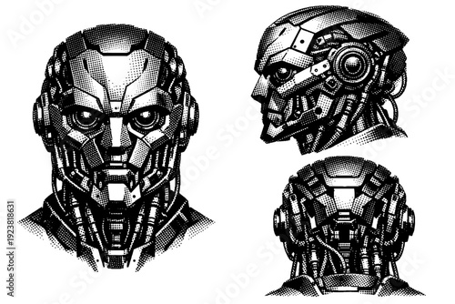 Robot head, industrial robot head with exposed mechanical components, segmented panels, and angular geometry presented in three views