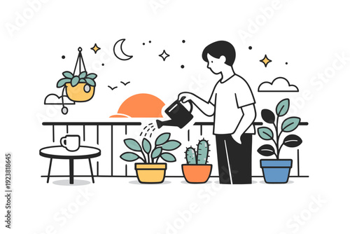 Evening wind-down scenes. A person watering houseplants on a balcony at sunset. A gentle routine connecting the end of the day with nature.