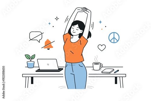 Workday energy management routines. Short break moment with stretching next to a desk, laptop closed and notifications paused. Mindful pause