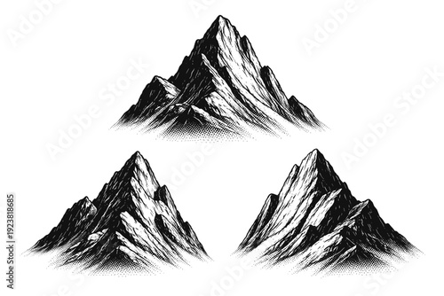 Mountain peak. A single rugged mountain peak with clear vertical mass and sharp geometry, illustrated as one object shown in three separate
