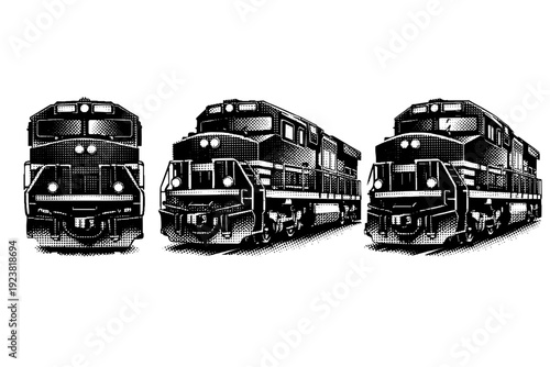 Diesel Locomotive Views. Train front view diesel locomotive. A heavy diesel locomotive with flat rectangular nose, large windshield, front headlights, and