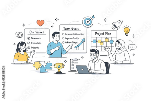 Remote team culture building. Digital workspace showing shared values and goals discussed by remote colleagues. Collaborative planning scene