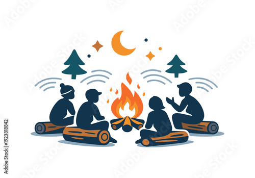 Diverse group of people gathered around a campfire at night under a crescent moon and stars