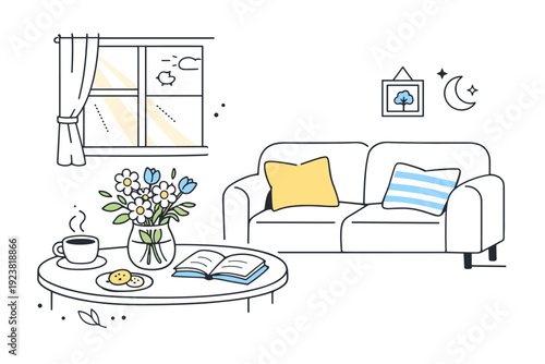Spring holiday calm morning interior. A peaceful editorial scene with soft sunlight entering through a window, a sofa with cushions, and