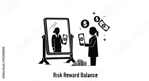 Business risk and reward concept with woman looking at money and mirror