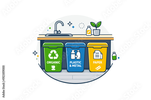 Waste disposal and recycling solutions for households highlighting clear separation of waste types in a modern kitchen environment. A neat