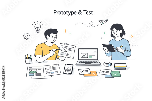 Prototype and test concept. Simple mockups, wireframes, and paper prototypes arranged neatly, suggesting learning through making. Calm