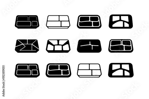 Takeout Container Icons. takeout containers. Icon set. Set Logo of takeout containers: compartment meal tray. harmonious logo variations of the same emblematic