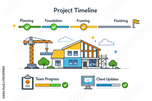 Construction project timeline emphasizing transparency and progress tracking for teams and clients. A friendly visual with progress bars,
