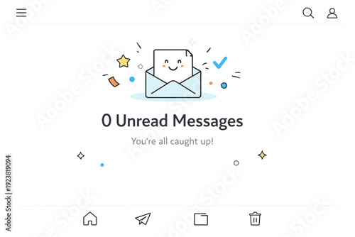 Email inbox zero workflows. Minimal email app interface showing ? unread messages? with small celebratory decorative elements floating