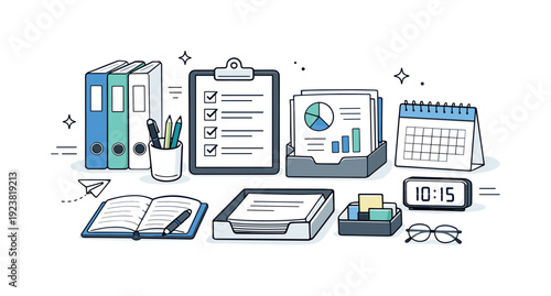Organized desk with office supplies, calendar, and digital clock showing 10:15