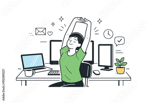 Woman stretching at her desk, taking a break from work with computers and office supplies