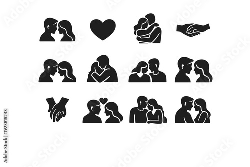 Love and intimacy. Solid icon set of Love and intimacy: couple eye contact, heart outline, warm embrace, gentle hand touch, emotional